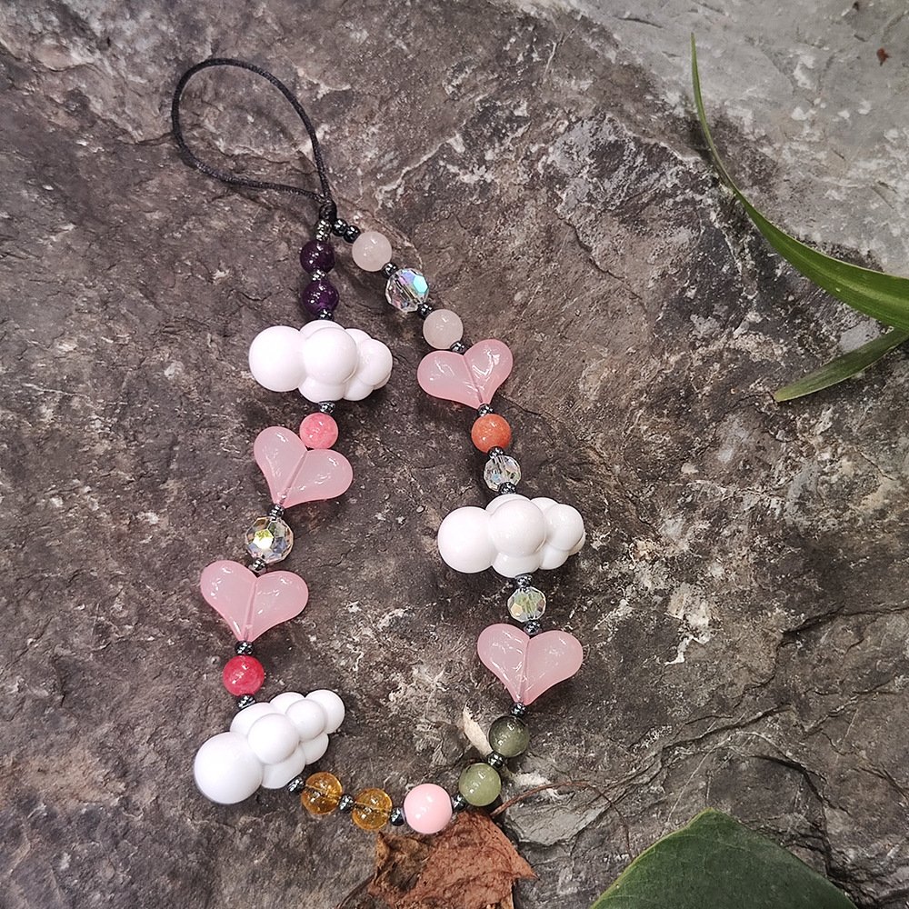 Cute Y2k Heart White Cloud Natural Stone Wrist Beaded Phone Strap Chain Bead Lanyard Phone Case Charm Rope Cord Accessories Girl