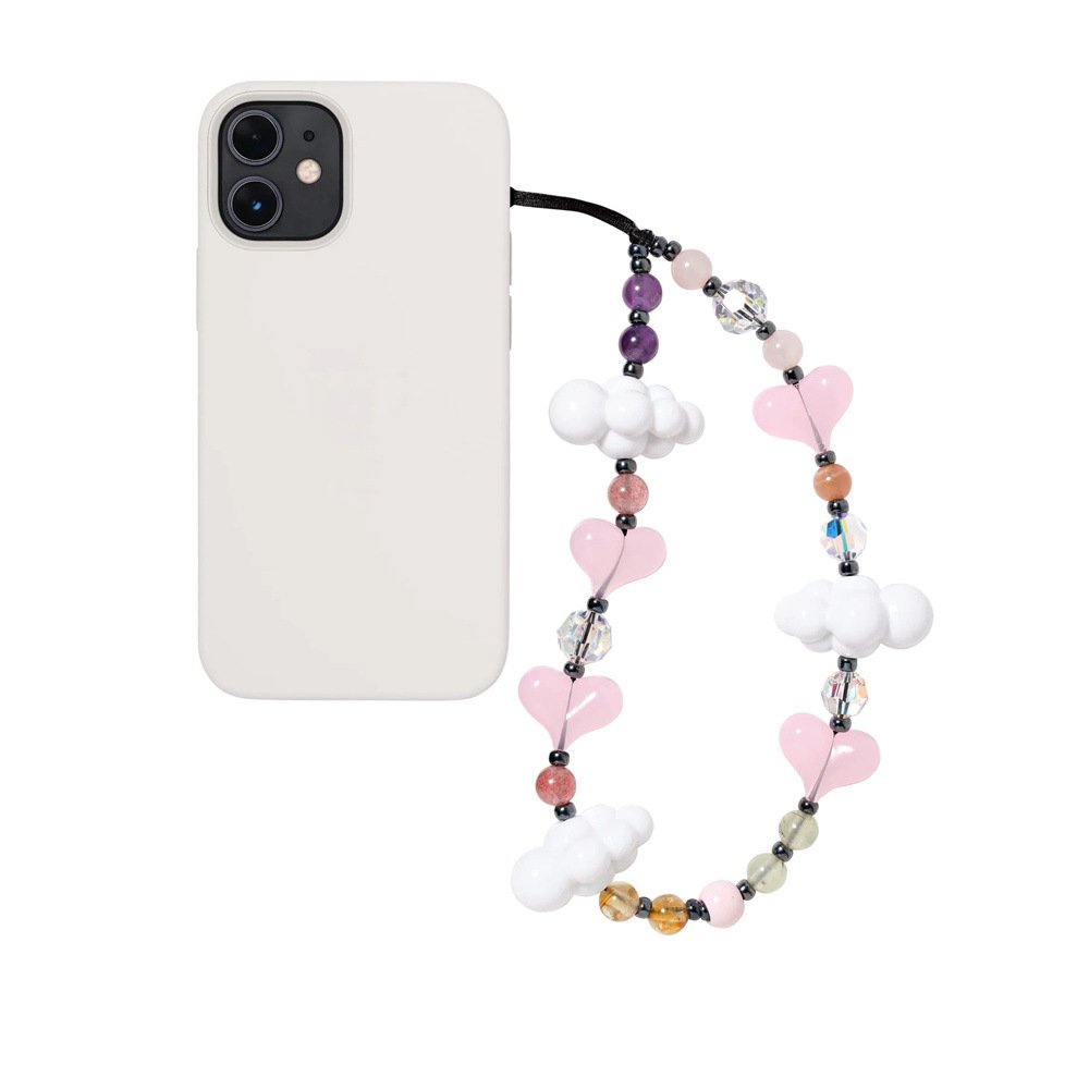 Cute Y2k Heart White Cloud Natural Stone Wrist Beaded Phone Strap Chain Bead Lanyard Phone Case Charm Rope Cord Accessories Girl