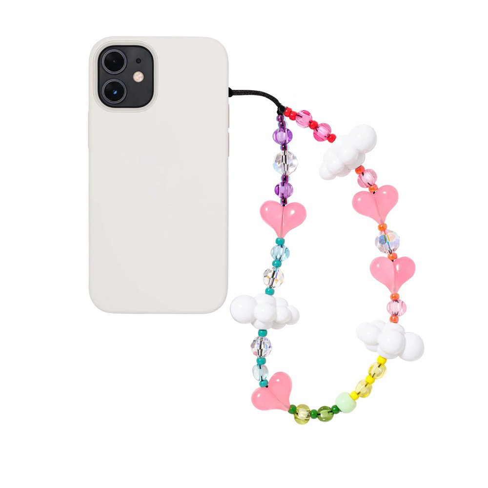 Cute Y2k Heart White Cloud Natural Stone Wrist Beaded Phone Strap Chain Bead Lanyard Phone Case Charm Rope Cord Accessories Girl