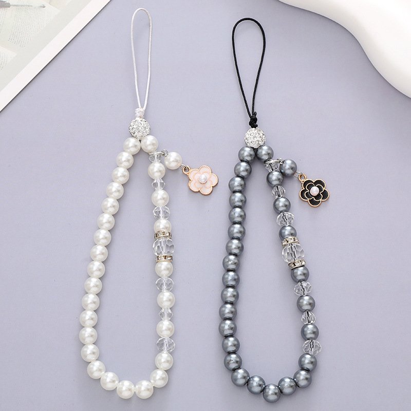 Black Pearl Flower Lanyard Cord String Strap Universal Mobile Charm Hook Cell Phone Charms Beads for iphone Accessories
