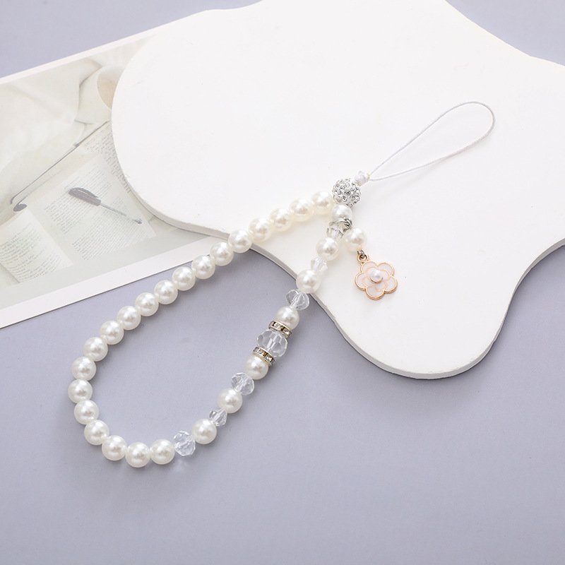 Black Pearl Flower Lanyard Cord String Strap Universal Mobile Charm Hook Cell Phone Charms Beads for iphone Accessories