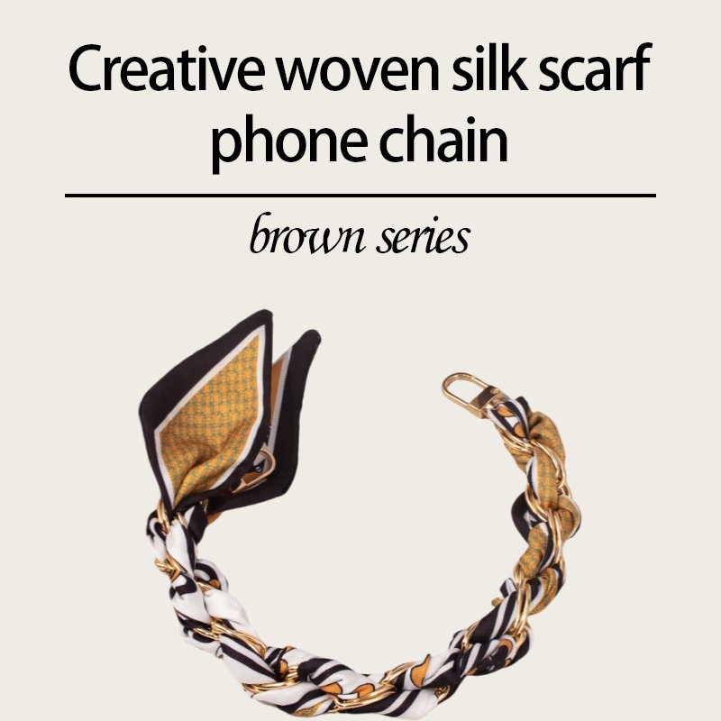 Brown custom printed silk scarf bag decorative drop proof mobile phone chain Gold and silver chain bag accessories wallet