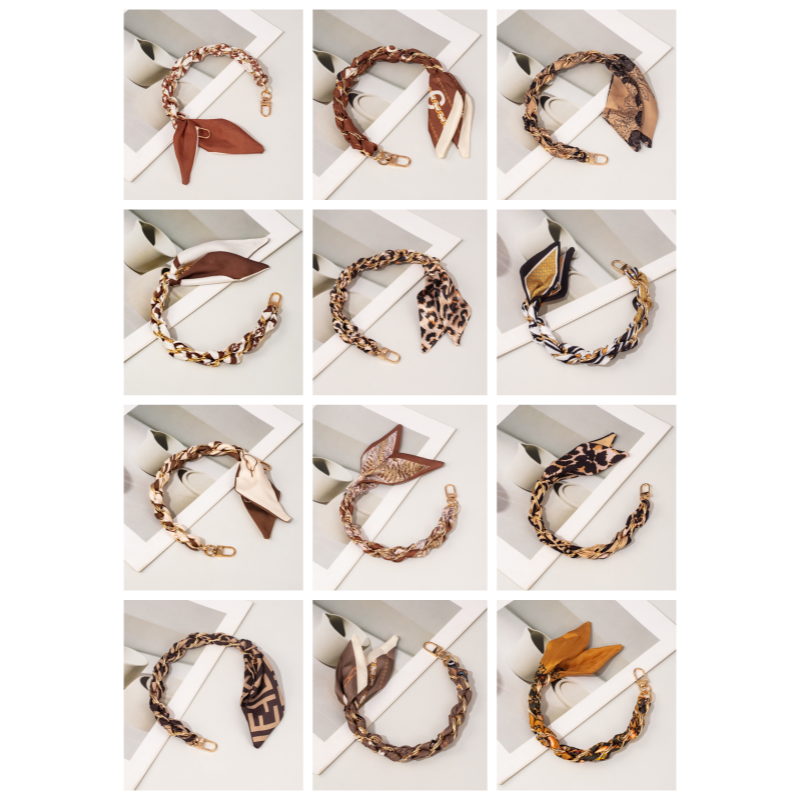 Brown custom printed silk scarf bag decorative drop proof mobile phone chain Gold and silver chain bag accessories wallet