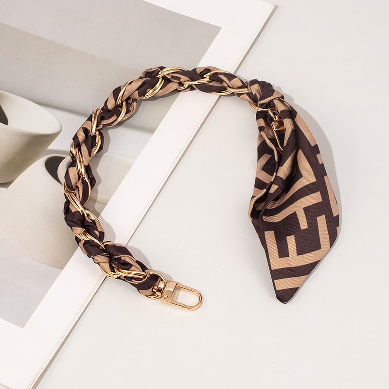 Brown custom printed silk scarf bag decorative drop proof mobile phone chain Gold and silver chain bag accessories wallet