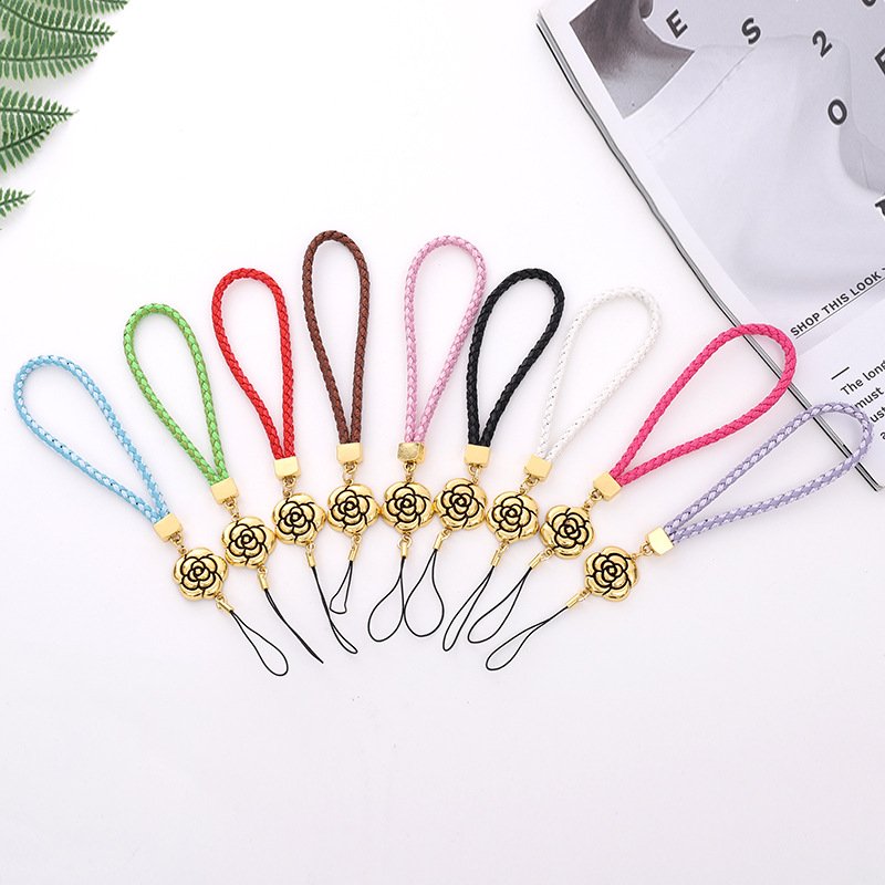Small Gifts New Camellia Mobile Phone Chain Retro Flower Mobile Phone Rope Leather Braided Rope Mobile Phone Lanyard