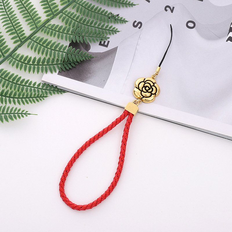Small Gifts New Camellia Mobile Phone Chain Retro Flower Mobile Phone Rope Leather Braided Rope Mobile Phone Lanyard