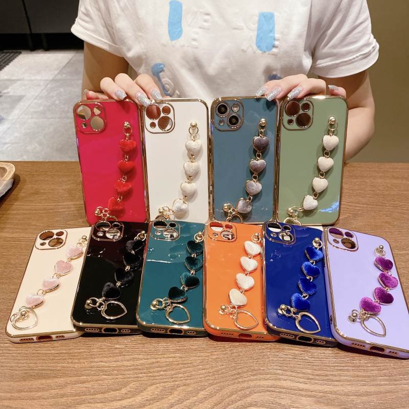 Mobile Accessories With Plush Love Wrist Band Hot Selling 6D Plating Phone Case for iPhone 16 14 Pro Max 15 Plus Cover