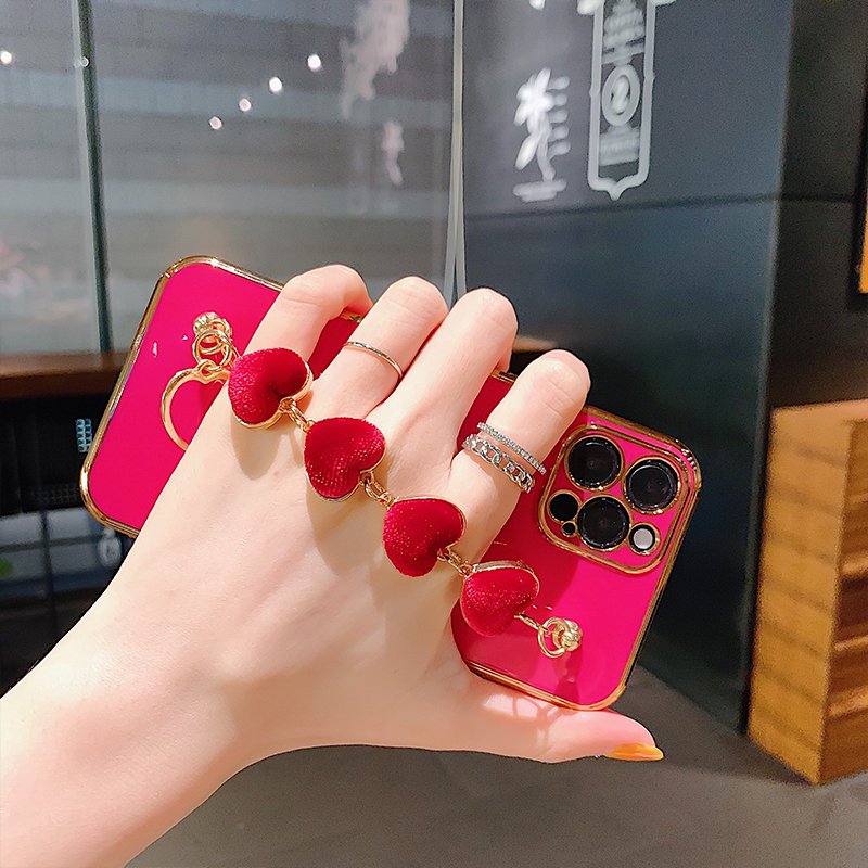 Mobile Accessories With Plush Love Wrist Band Hot Selling 6D Plating Phone Case for iPhone 16 14 Pro Max 15 Plus Cover