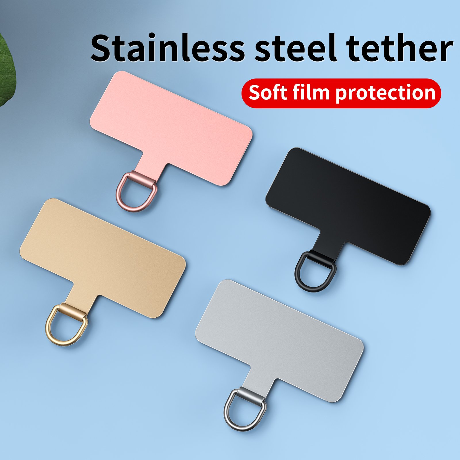 Universal Mobile Phone Stainless steel Anti-Lost Clip Lanyard Patch Shape with D ring Custom logo phone patch tether tab