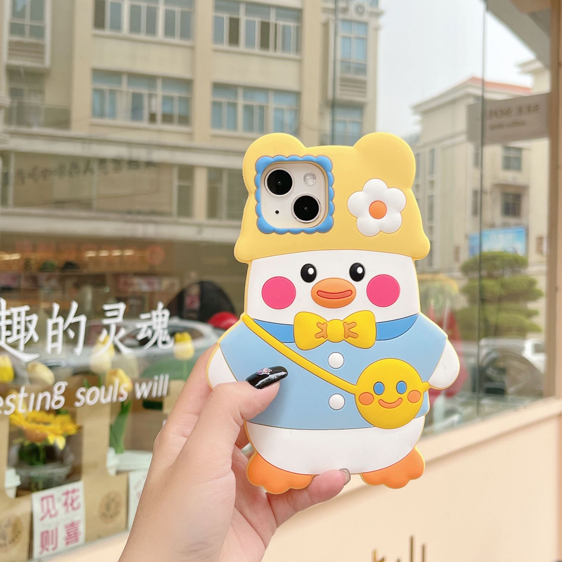 Cute Duck Backpack Design For iPhone 15 Pro Max 12 Phone Case Soft Stand Women's Korean Style 11 Day Trip Mobile Cover