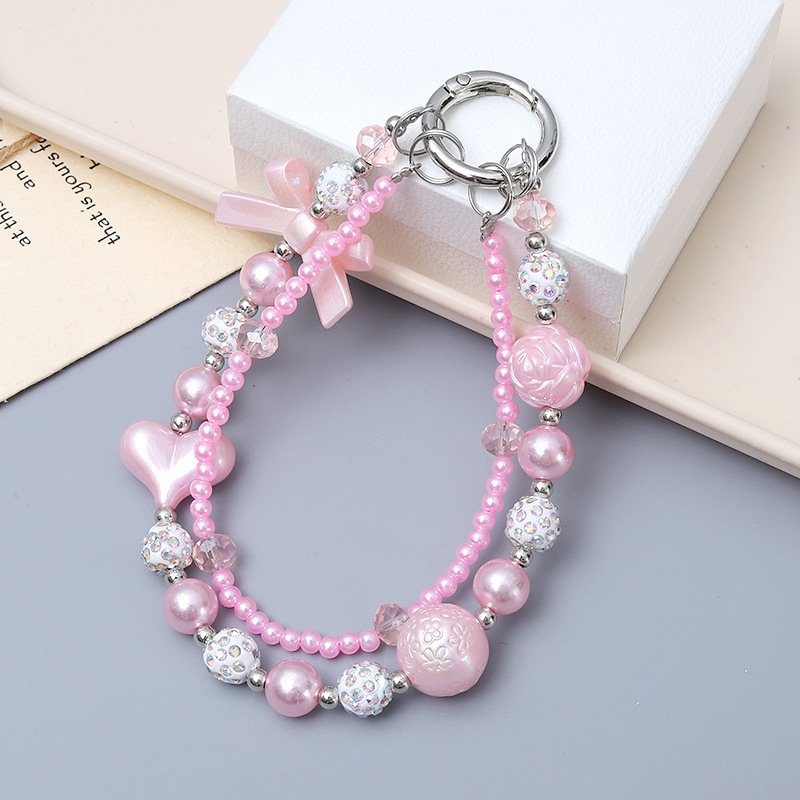 luxury phone chains accessories cute heart bead butterfly bow mobile cell phone case hand lanyard keychains charm