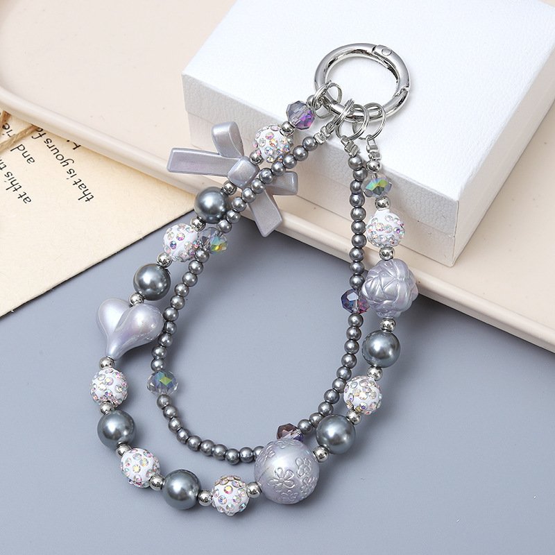 luxury phone chains accessories cute heart bead butterfly bow mobile cell phone case hand lanyard keychains charm