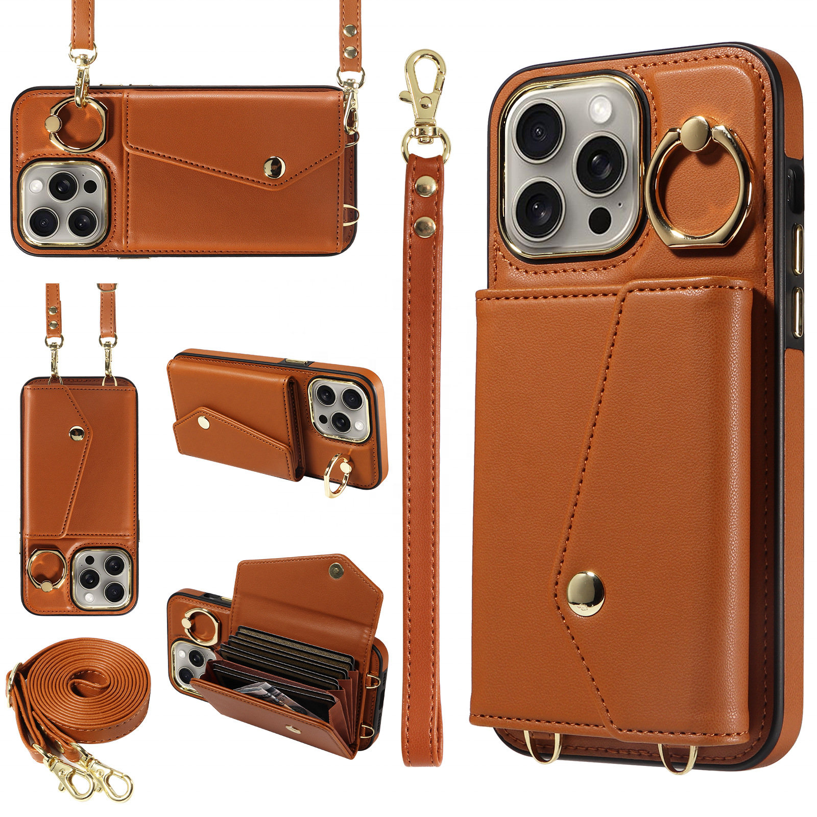 New Leather Mobile Phone Cases & Bags With 2 Straps Protective Wallet Case Cover Kick Stand With Bank Card Slot