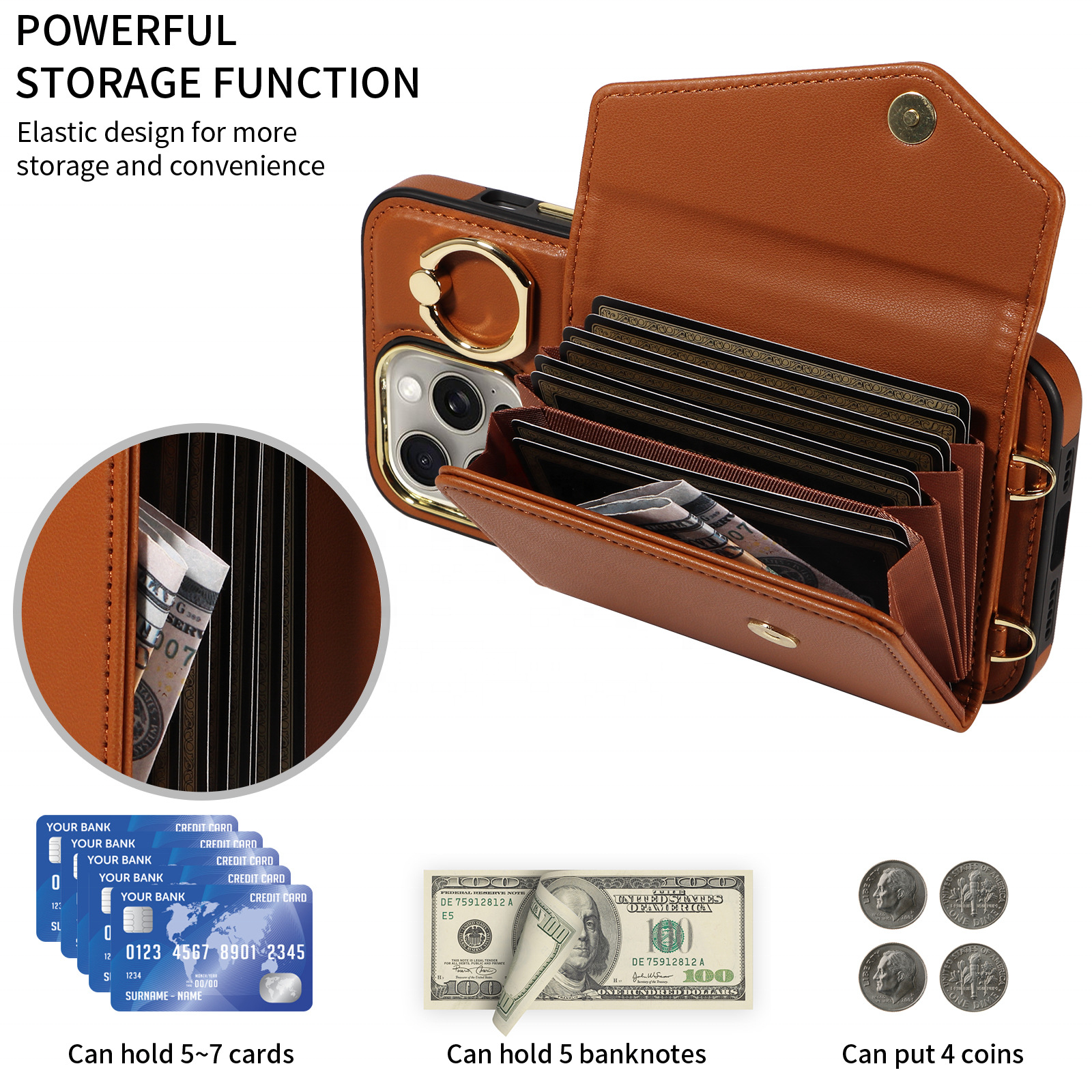 New Leather Mobile Phone Cases & Bags With 2 Straps Protective Wallet Case Cover Kick Stand With Bank Card Slot