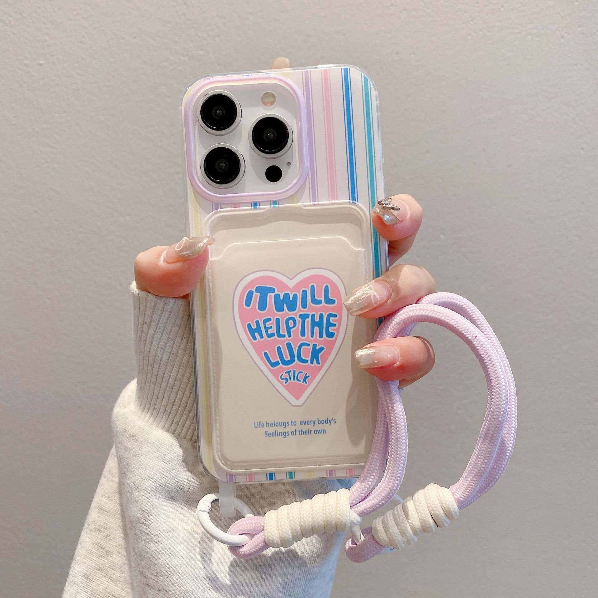 Cute Card Plug in silicone Mobile Phone Case For iPhone 16 15 14 13 12 Pro max strap Rainbow tpu sling Shockproof Back Cover