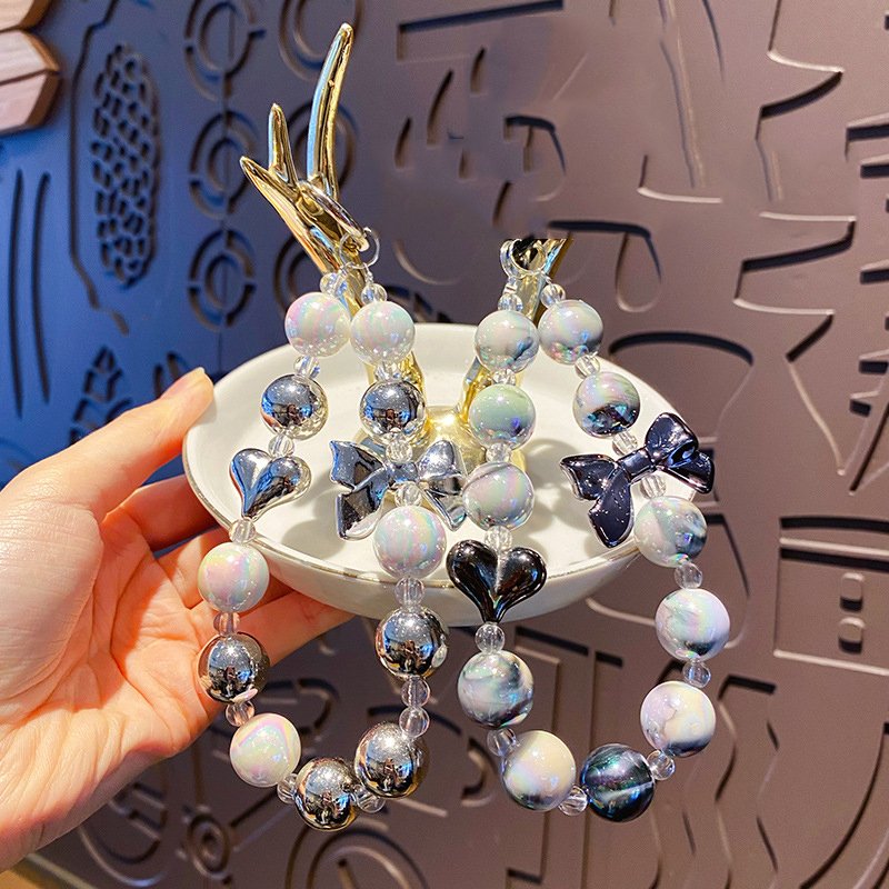 Hot sale Handmade Crystal Beaded Phone Case Lanyard Bracelet Charm Chain DIY Silver Bow Mobile Phone Chain Wrist Straps