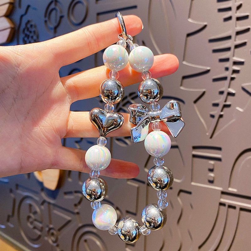 Hot sale Handmade Crystal Beaded Phone Case Lanyard Bracelet Charm Chain DIY Silver Bow Mobile Phone Chain Wrist Straps