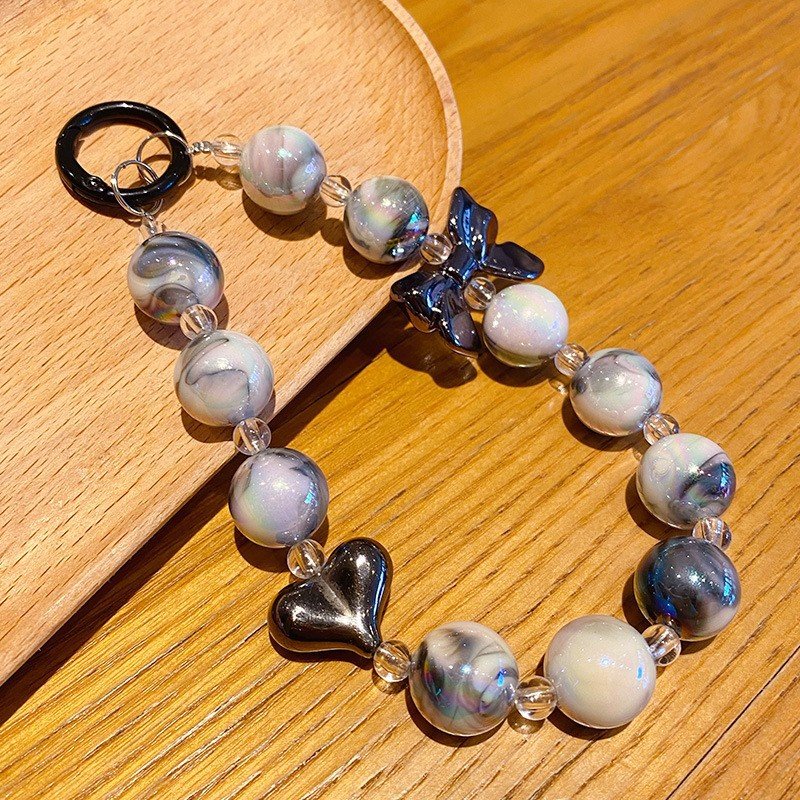 Hot sale Handmade Crystal Beaded Phone Case Lanyard Bracelet Charm Chain DIY Silver Bow Mobile Phone Chain Wrist Straps