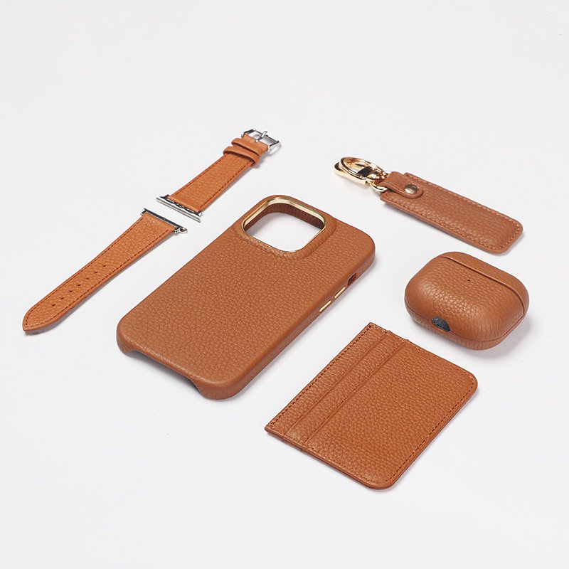 Phone case accessory set includes leather watch band leather key chains card holder leather phone case