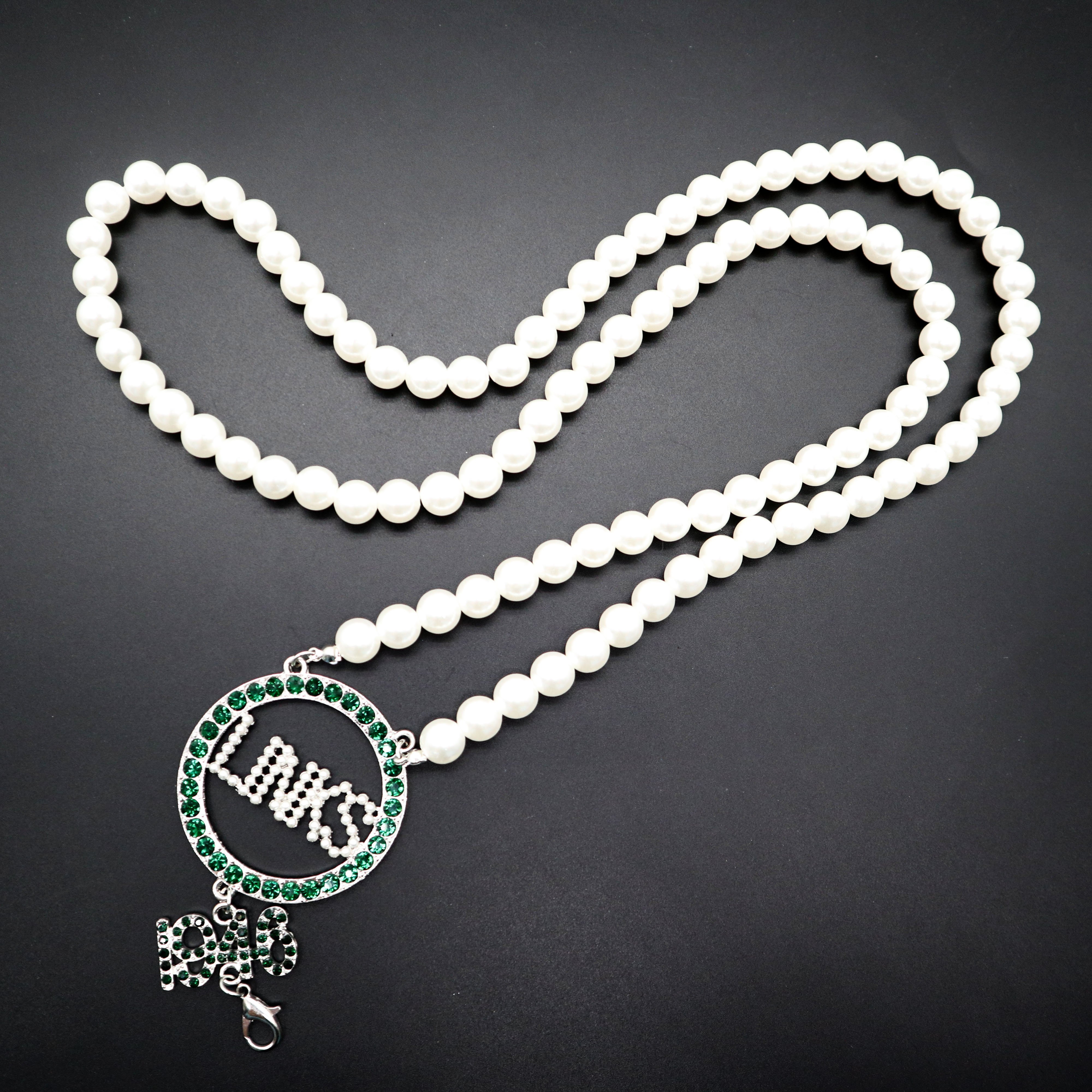Emerald Rhinestone Keychain Green Diamond Links Incorporated Sorority Crystal Beaded Pearl Lanyard 1946 VOTE Brooch Necklace