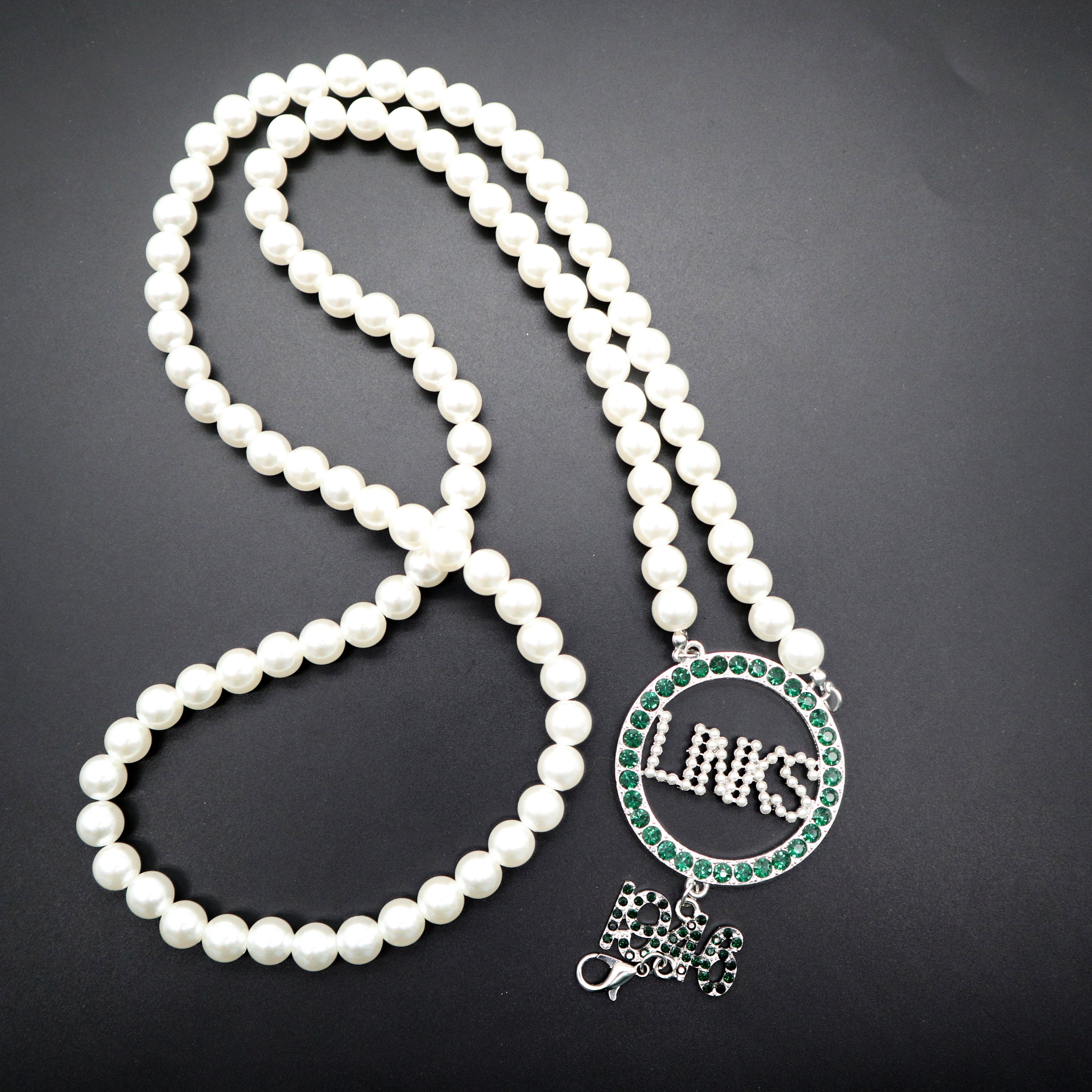Emerald Rhinestone Keychain Green Diamond Links Incorporated Sorority Crystal Beaded Pearl Lanyard 1946 VOTE Brooch Necklace