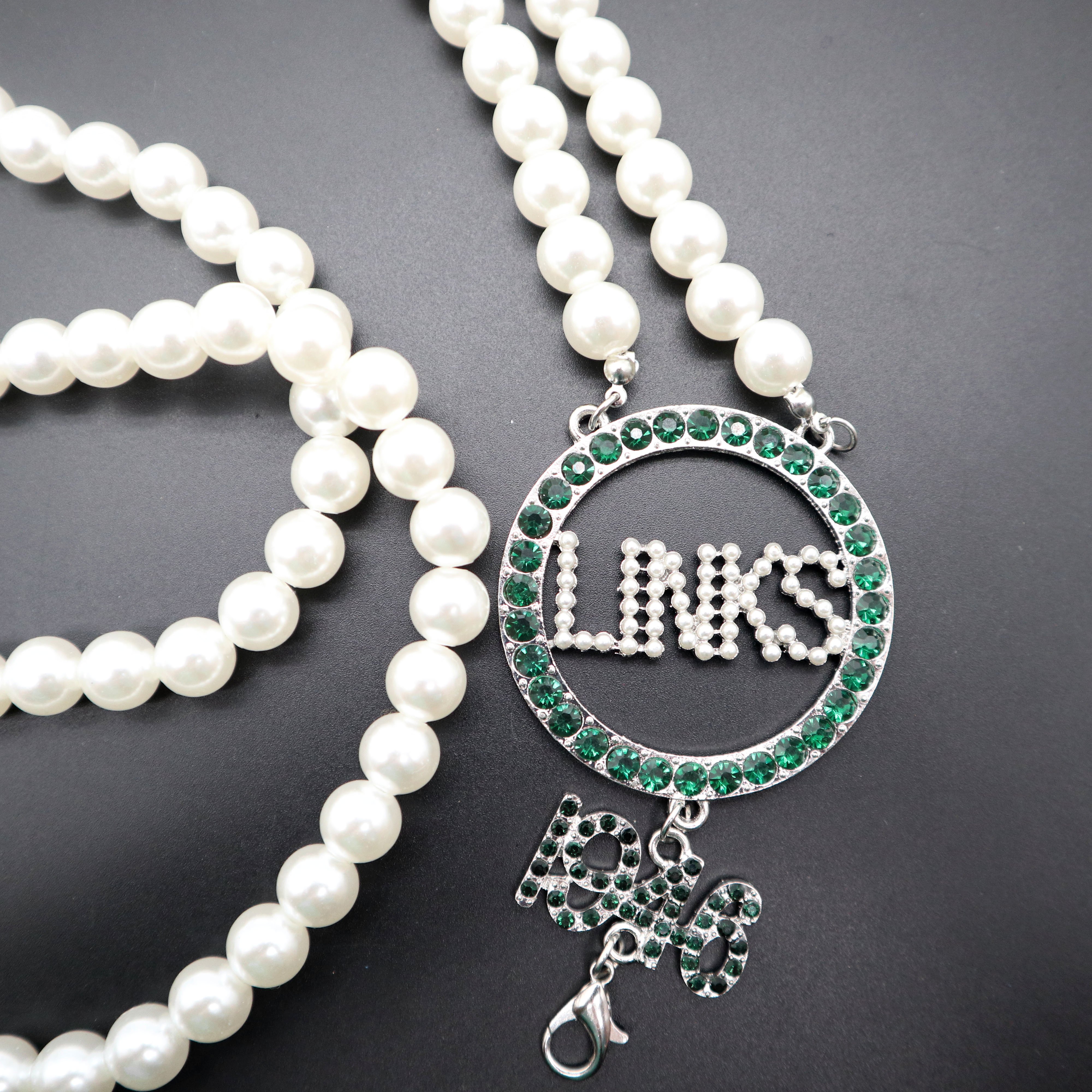 Emerald Rhinestone Keychain Green Diamond Links Incorporated Sorority Crystal Beaded Pearl Lanyard 1946 VOTE Brooch Necklace