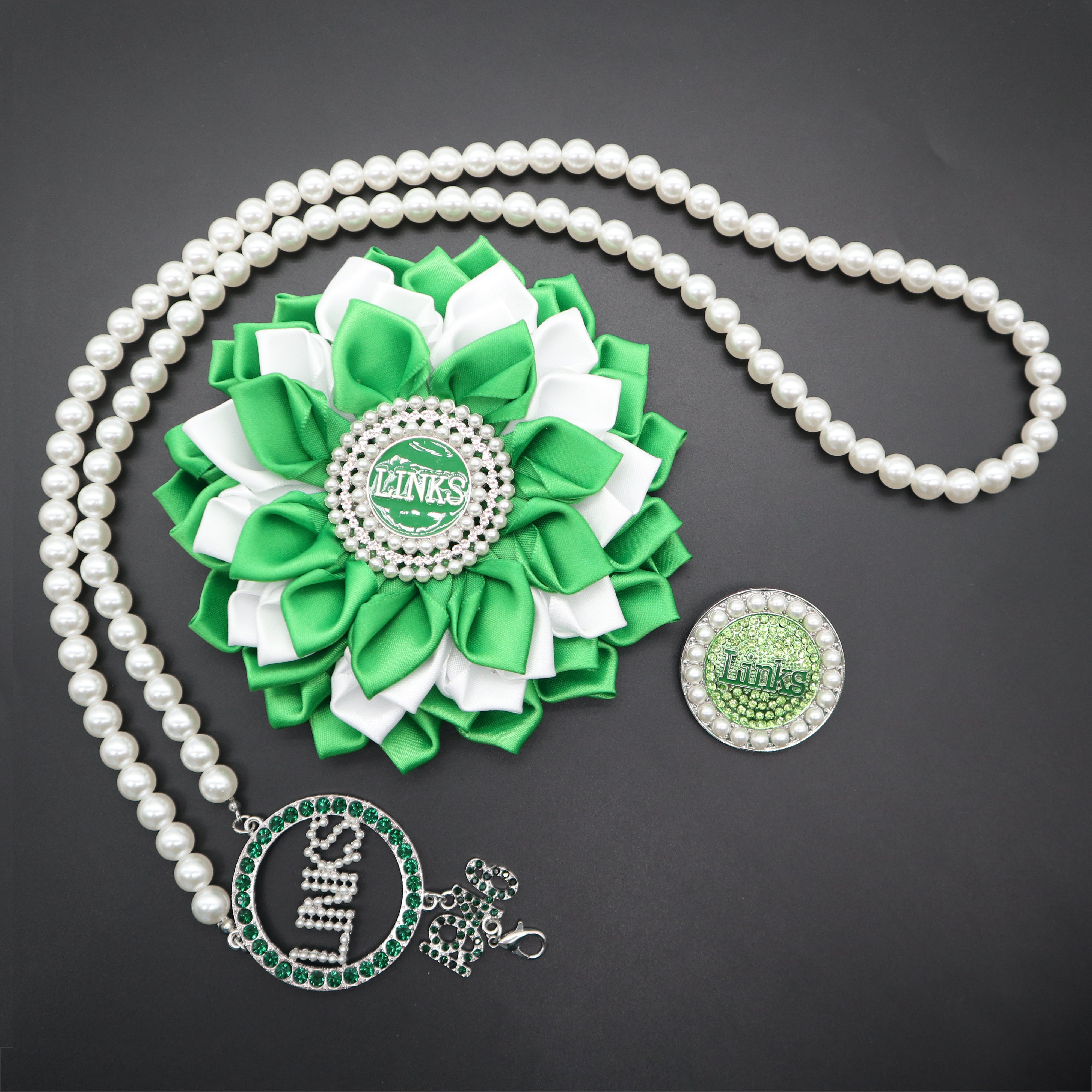 Emerald Rhinestone Keychain Green Diamond Links Incorporated Sorority Crystal Beaded Pearl Lanyard 1946 VOTE Brooch Necklace