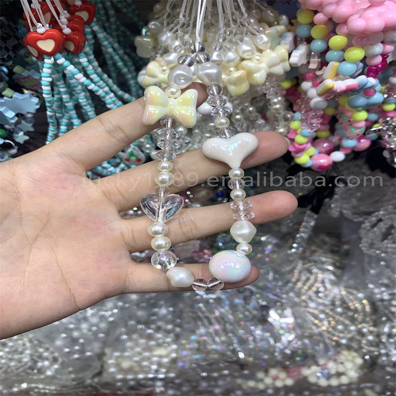 Trendy Cute Handmade DIY Phone Charm Chain Pearl Beads Cell Wrist Strap Mobile Phone Chain for Girls