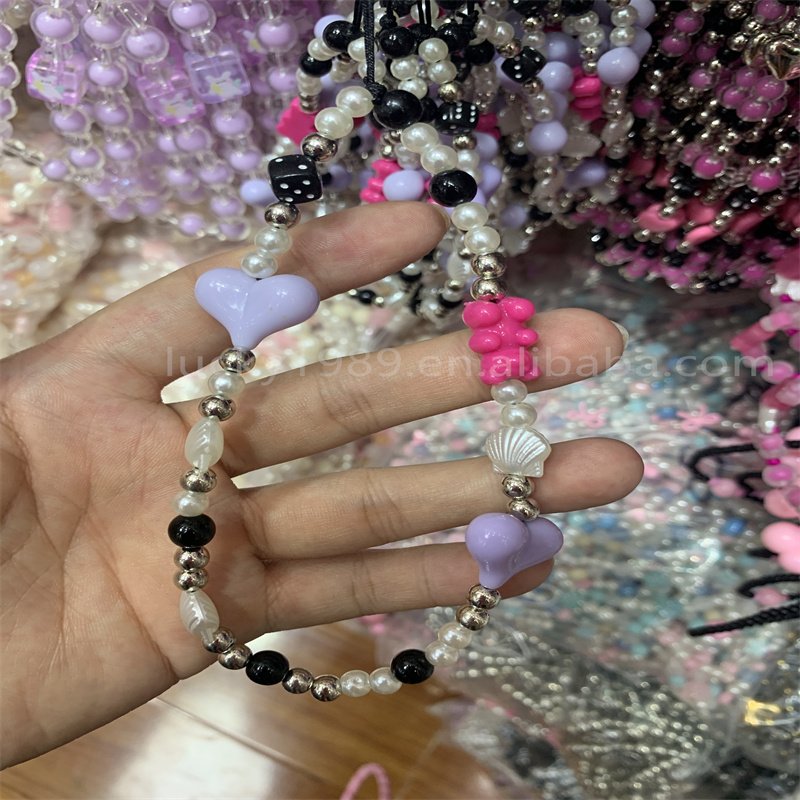 Trendy Cute Handmade DIY Phone Charm Chain Pearl Beads Cell Wrist Strap Mobile Phone Chain for Girls