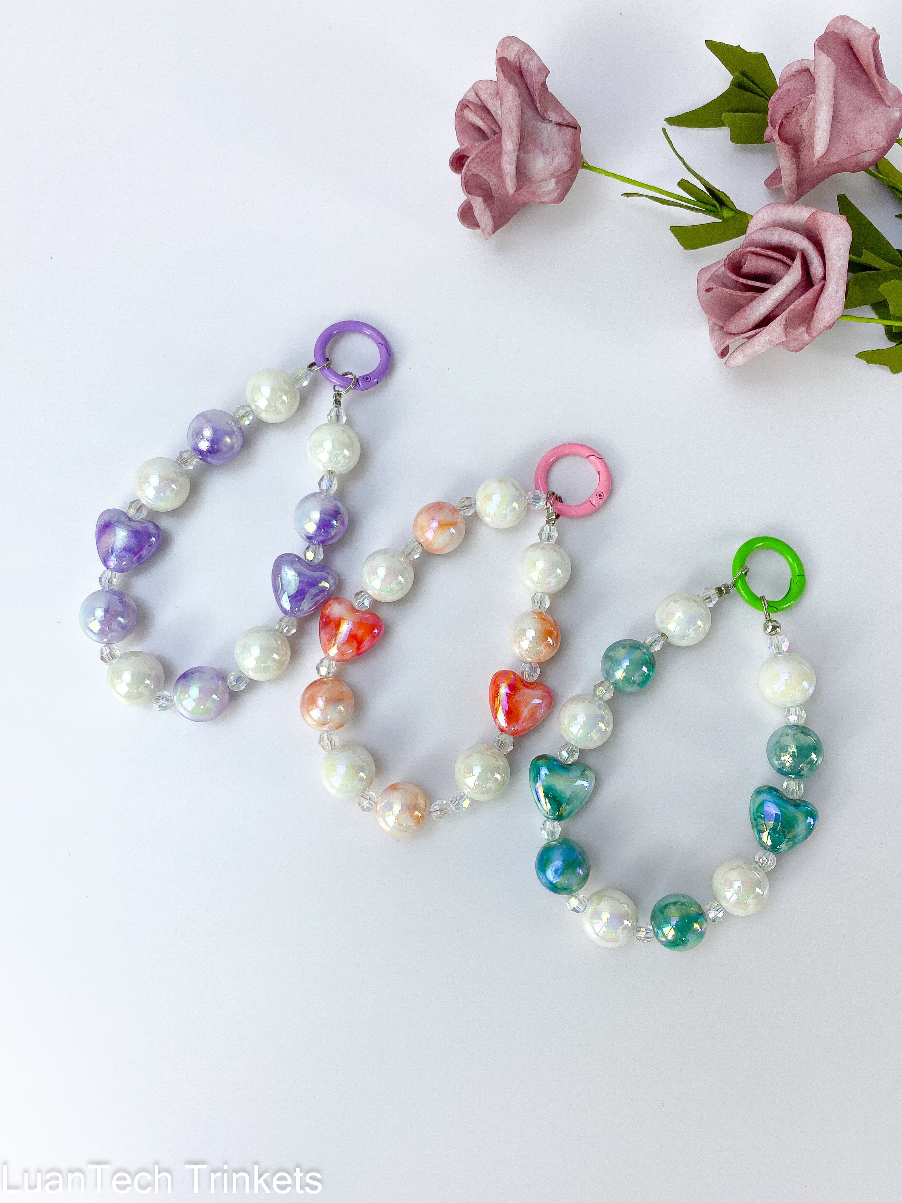 Phone Case Wristlet Fancy Love Heart Beads Keychain Acrylic Phone Chain Color Profiled Imitation Pearl Laser Phone Lanyard