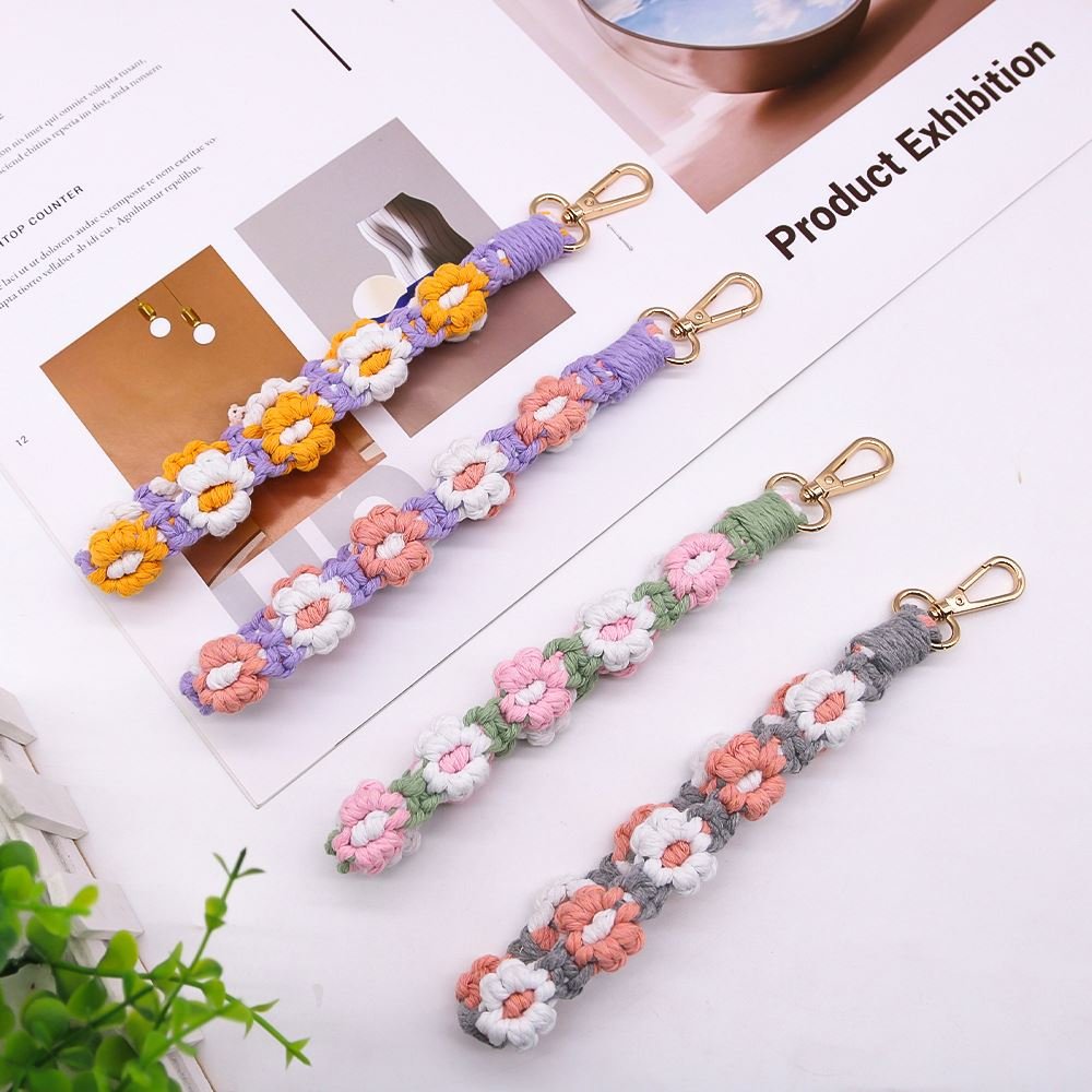 bag charms pendant Wrist strap Wristlet Bracelet key chains hand-woven diy mobile phone chain Daisy flower braided rope keychain