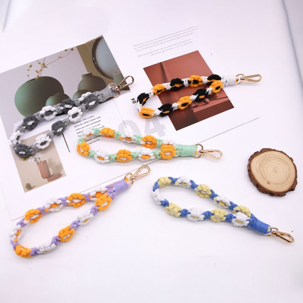 bag charms pendant Wrist strap Wristlet Bracelet key chains hand-woven diy mobile phone chain Daisy flower braided rope keychain