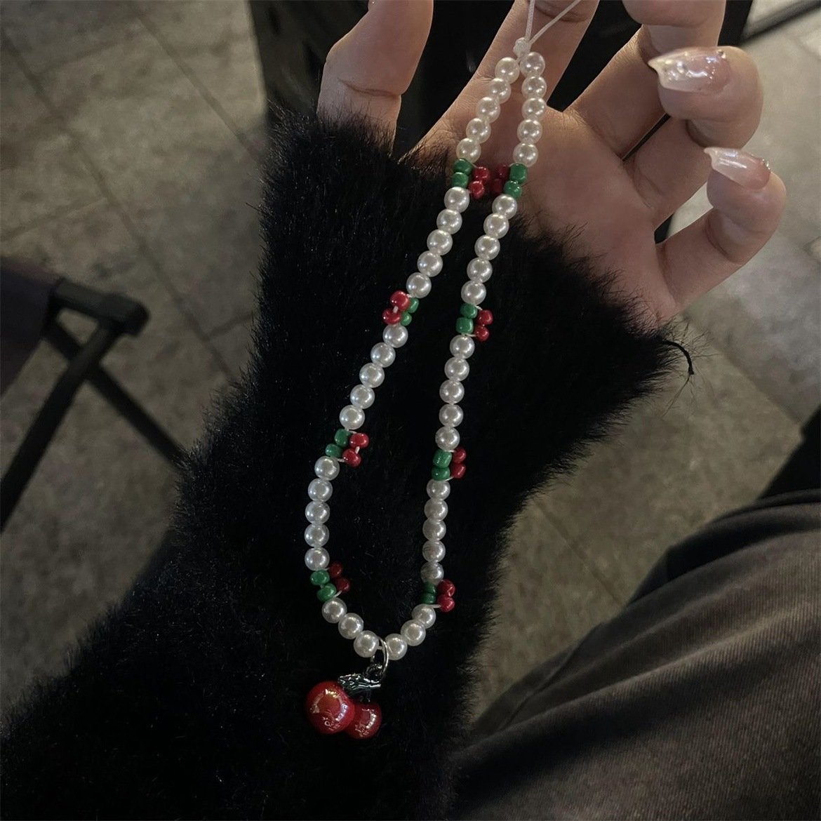 Korean niche cherry ins style fashion cute bow beaded mobile phone lanyard bag pendant transparent pearl