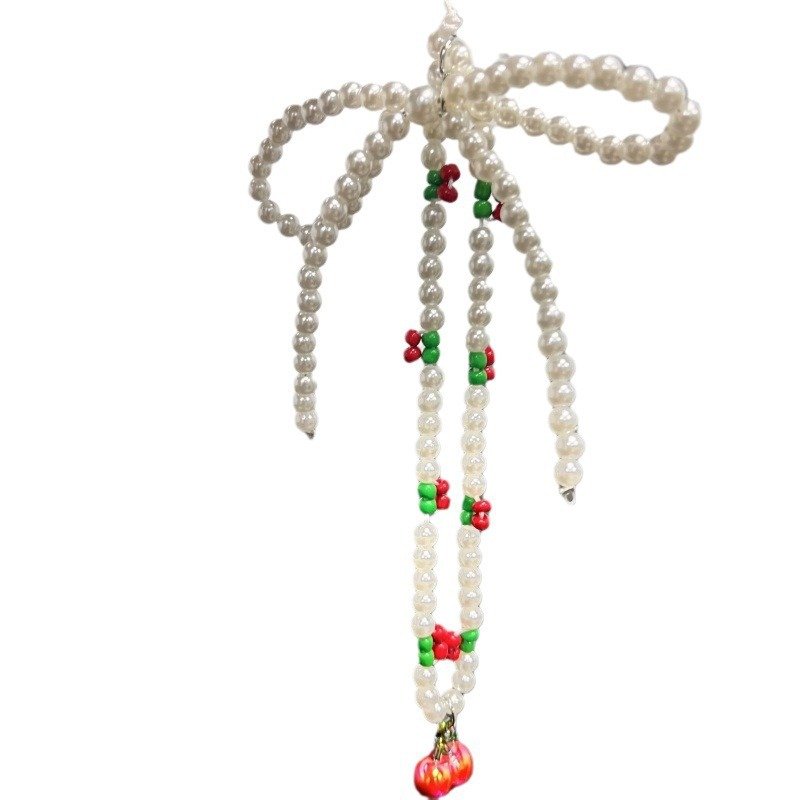 Korean niche cherry ins style fashion cute bow beaded mobile phone lanyard bag pendant transparent pearl