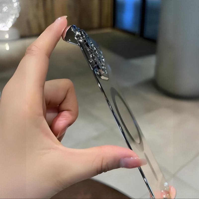 Hard PC Plating Holder Mirror Transparent PC Magnetic Cell Mobile Phone Case Cover For iPhone 15 Pro Max Plus 16 13 14 Frameless