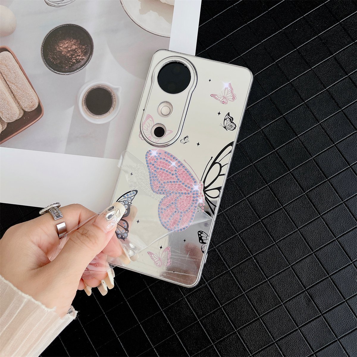 Luxury Electroplated Silver Strawberry lipstick lips Make-up Mirror Mobile Phone Case with bracelet suitable For VIVO S19 Pro