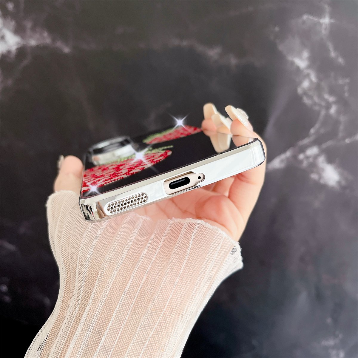 Luxury Electroplated Silver Strawberry lipstick lips Make-up Mirror Mobile Phone Case with bracelet suitable For VIVO S19 Pro