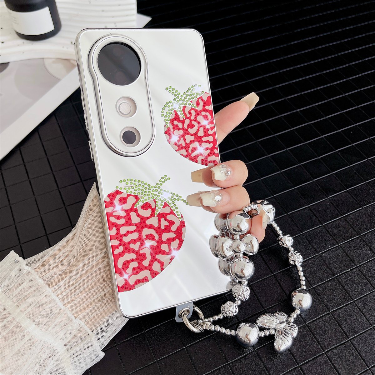 Luxury Electroplated Silver Strawberry lipstick lips Make-up Mirror Mobile Phone Case with bracelet suitable For VIVO S19 Pro