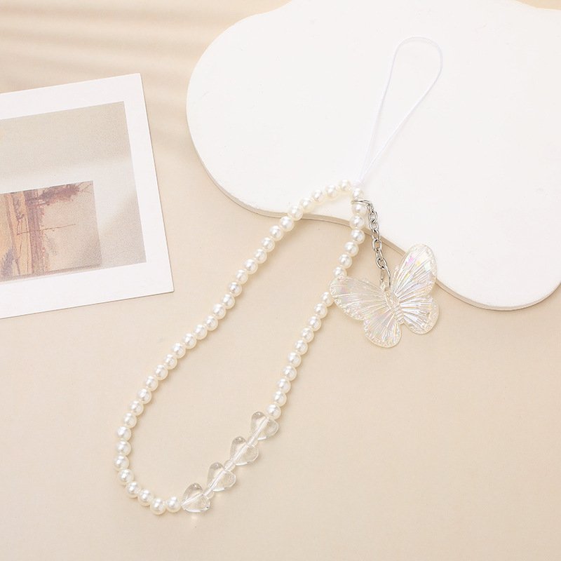 butterfly Pearl Lanyard Cord String Strap bag bottle camera Hanging Chains Universal Mobile Charm Hook Cell Phone Charms Beads