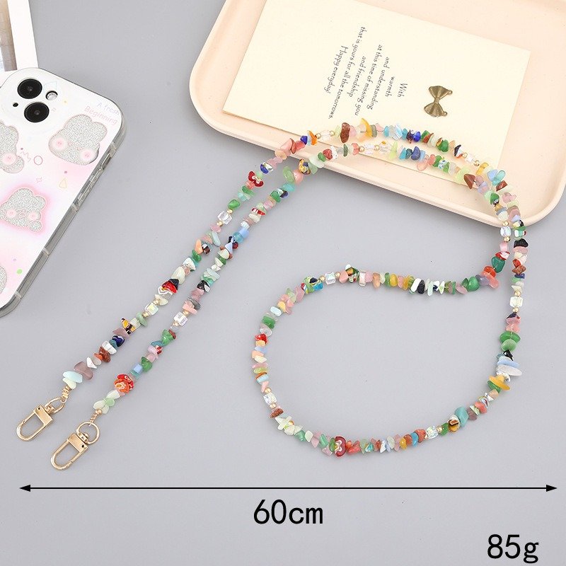 Popular Ins Pink Natural Stone Mobile Phone Lanyard Necklace Colorful Irregular Stone Beads Crossbody Chain Cellphone Neck Strap