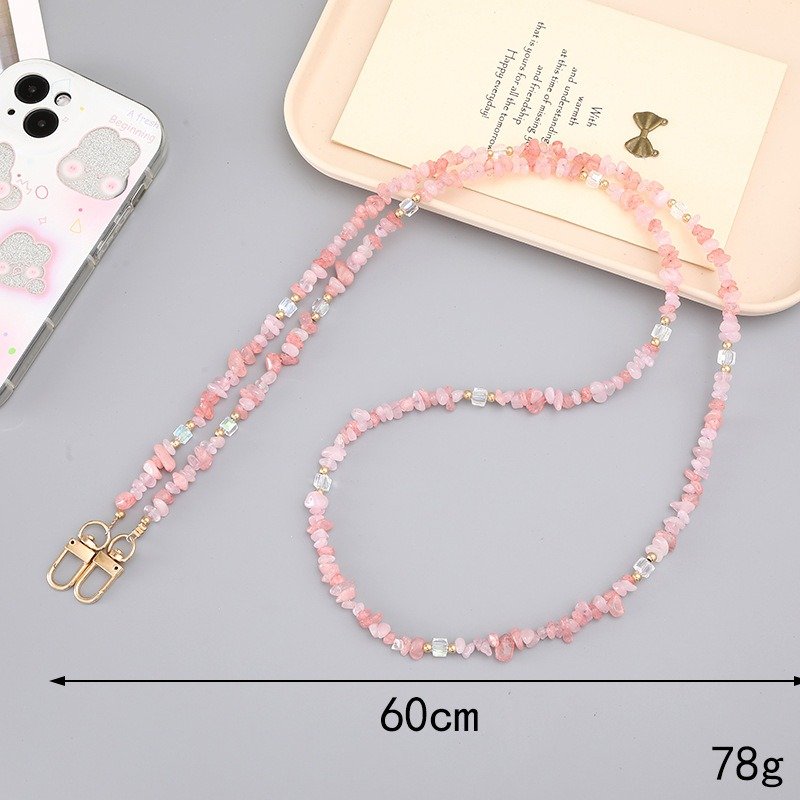Popular Ins Pink Natural Stone Mobile Phone Lanyard Necklace Colorful Irregular Stone Beads Crossbody Chain Cellphone Neck Strap