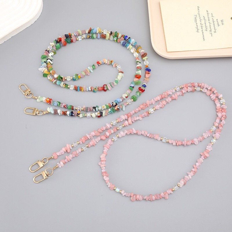 Popular Ins Pink Natural Stone Mobile Phone Lanyard Necklace Colorful Irregular Stone Beads Crossbody Chain Cellphone Neck Strap