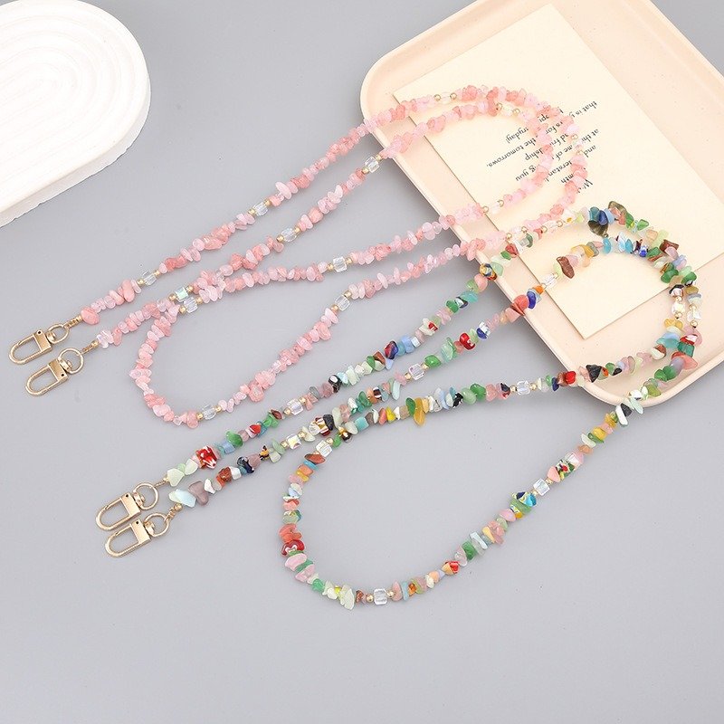 Popular Ins Pink Natural Stone Mobile Phone Lanyard Necklace Colorful Irregular Stone Beads Crossbody Chain Cellphone Neck Strap