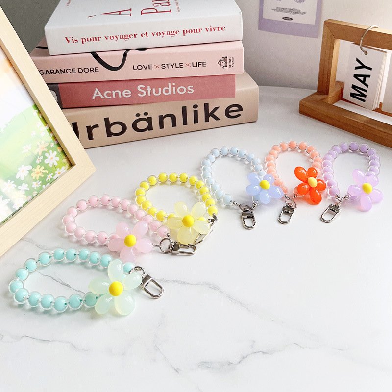 Color Crystal Flowers Beads Bracelet Portable Keychain Mobile Phone Chain Wrist Rope Including Lanyard