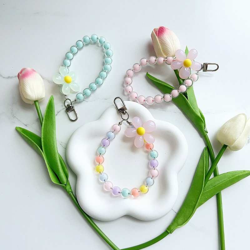 Color Crystal Flowers Beads Bracelet Portable Keychain Mobile Phone Chain Wrist Rope Including Lanyard