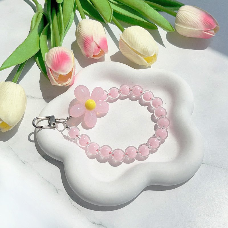 Color Crystal Flowers Beads Bracelet Portable Keychain Mobile Phone Chain Wrist Rope Including Lanyard