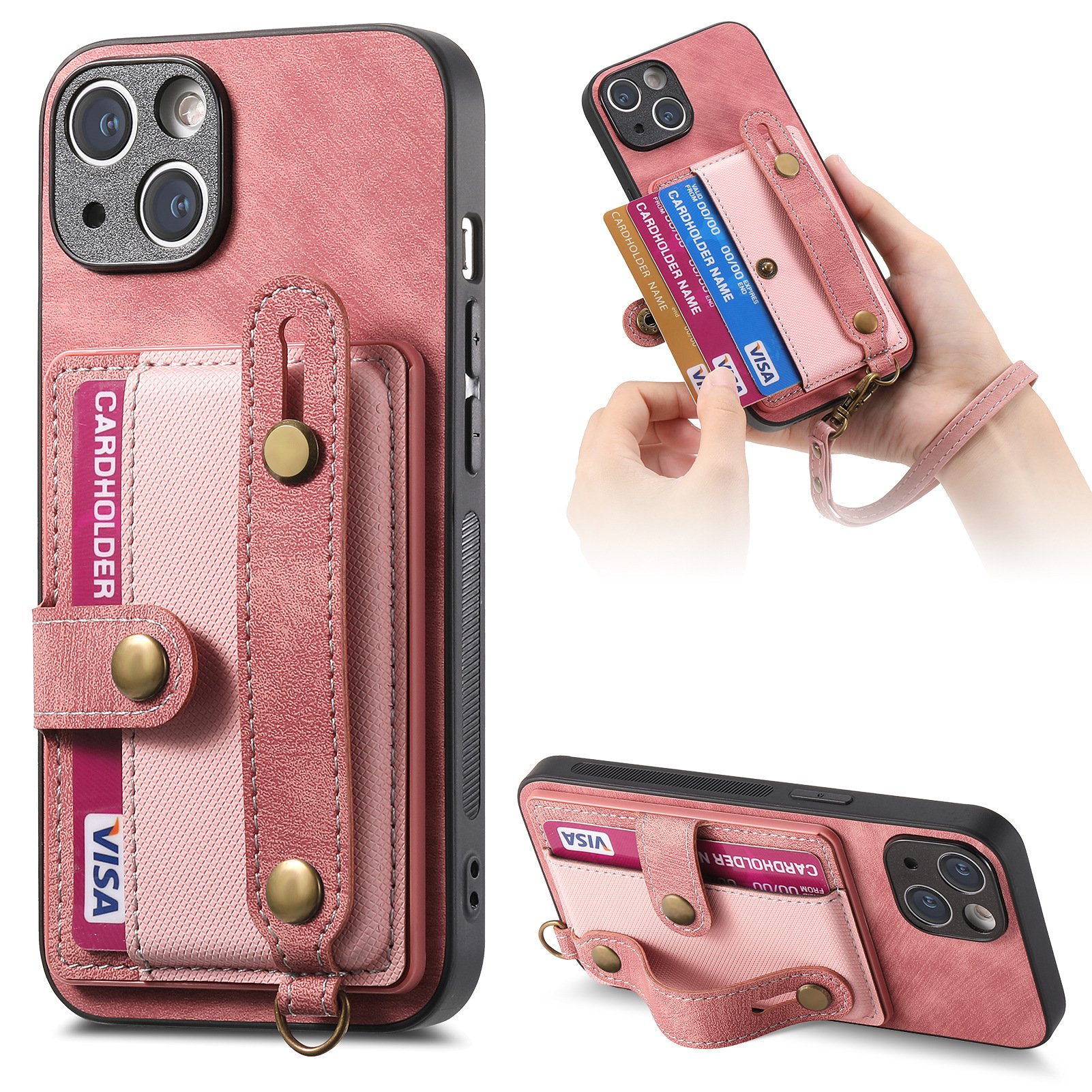 Fashion Card Wallet Leather Phone Case For iPhone 16 16 Plus 16 Pro Max With Wrist Strap