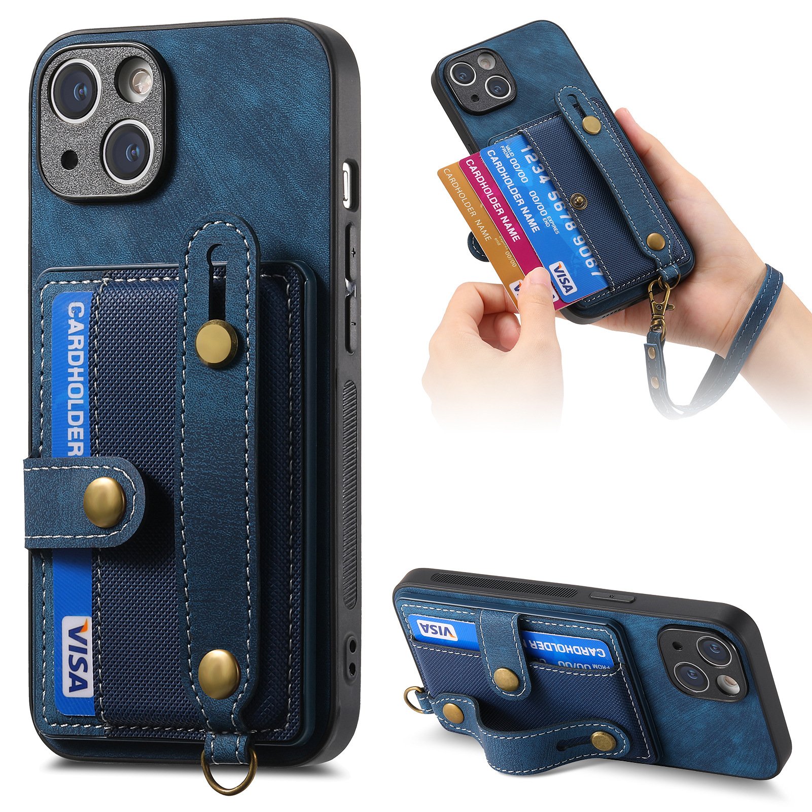 Fashion Card Wallet Leather Phone Case For iPhone 16 16 Plus 16 Pro Max With Wrist Strap
