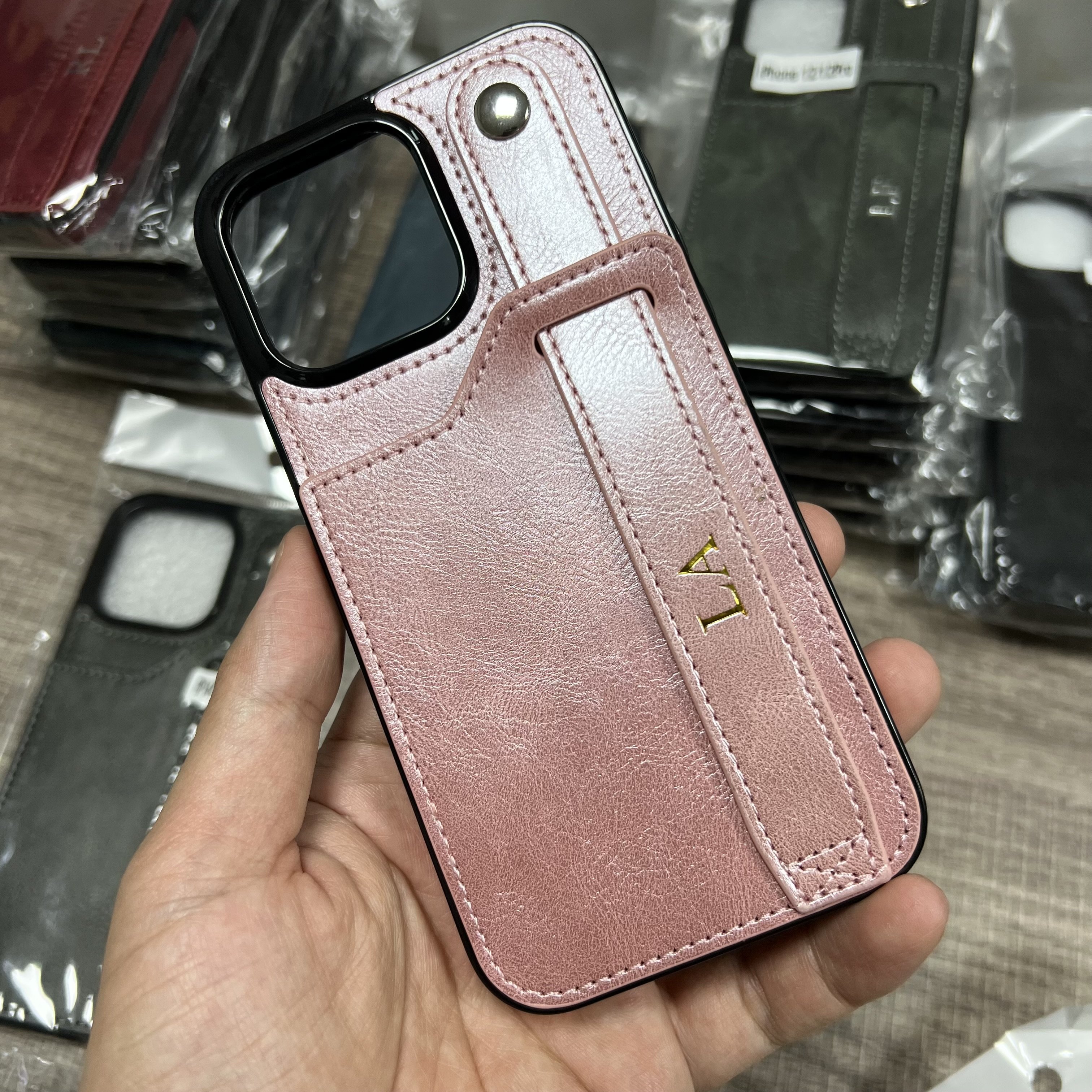 Custom Logo Leather Phone Case with Hand Strap Card Holder Wristbands Wallet Case for iPhone 7-16Pro max/15Plus/15Pro/16 Plus