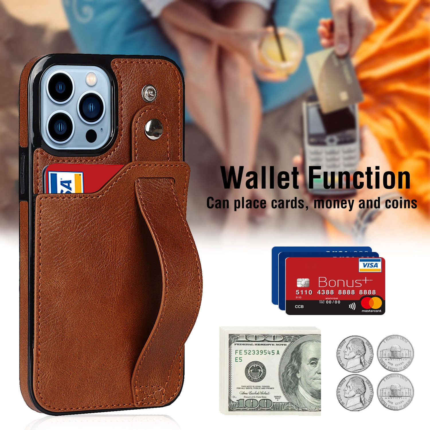 Custom Logo Leather Phone Case with Hand Strap Card Holder Wristbands Wallet Case for iPhone 7-16Pro max/15Plus/15Pro/16 Plus